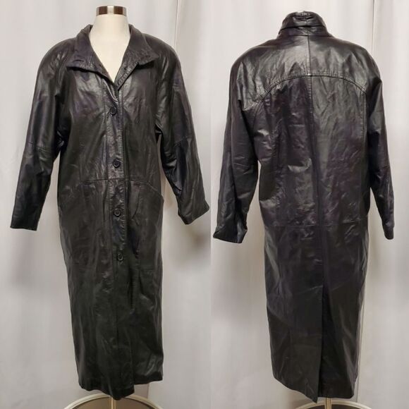 Vintage 90s y2k Wilsons Pelle Black Leather Goth Vampire Trench Over Coat Md - Picture 1 of 13